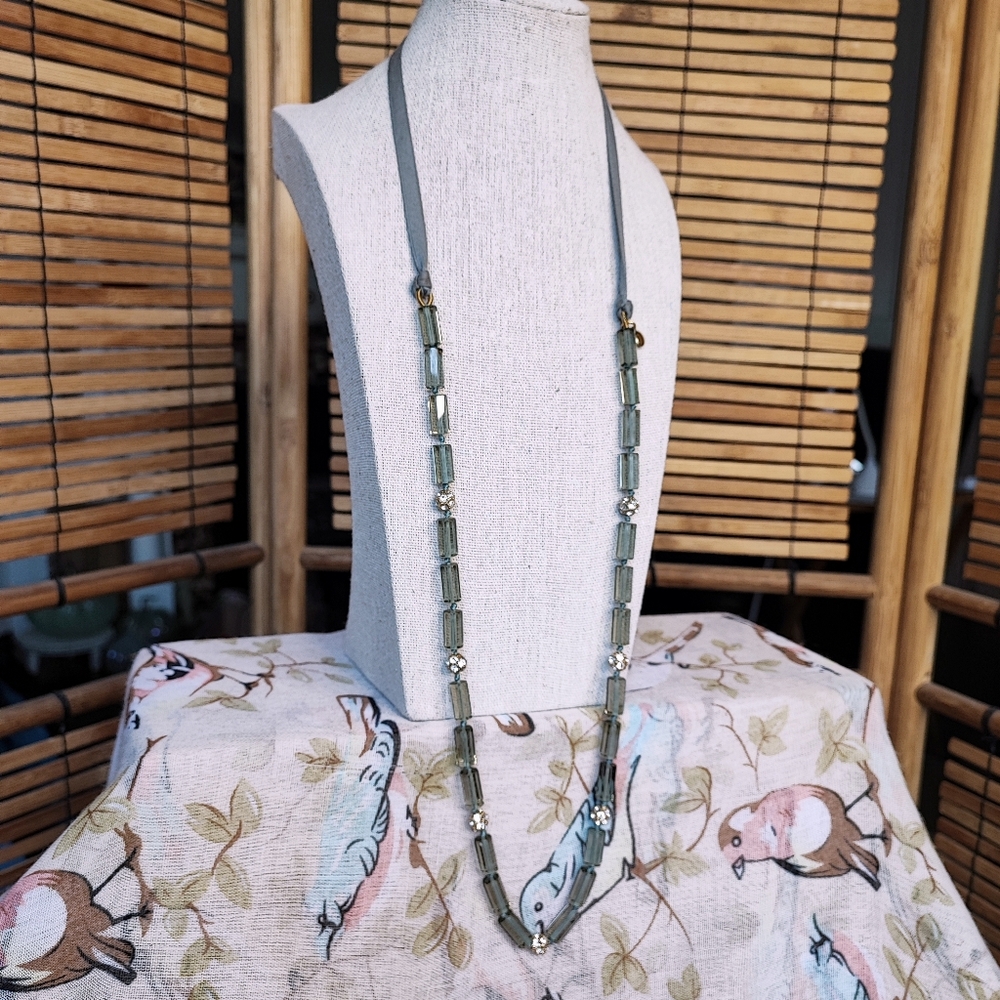 J. Crew Glass Tubes Rhinestone Ball Beads Beaded Ribbon Opera Length Necklace